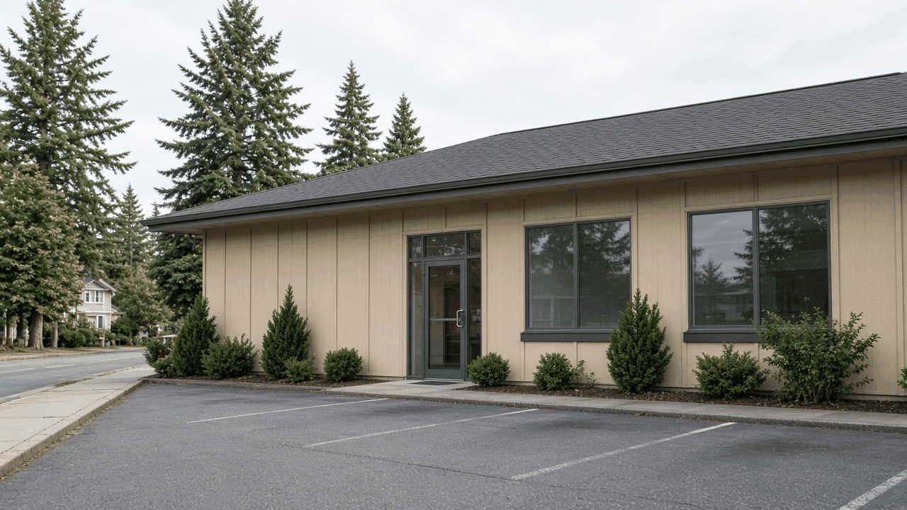Daylight view of a low commercial suite with a glass door and shrubs.